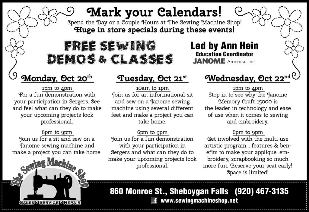 Sewing Machine Shop Classes newspaper ad